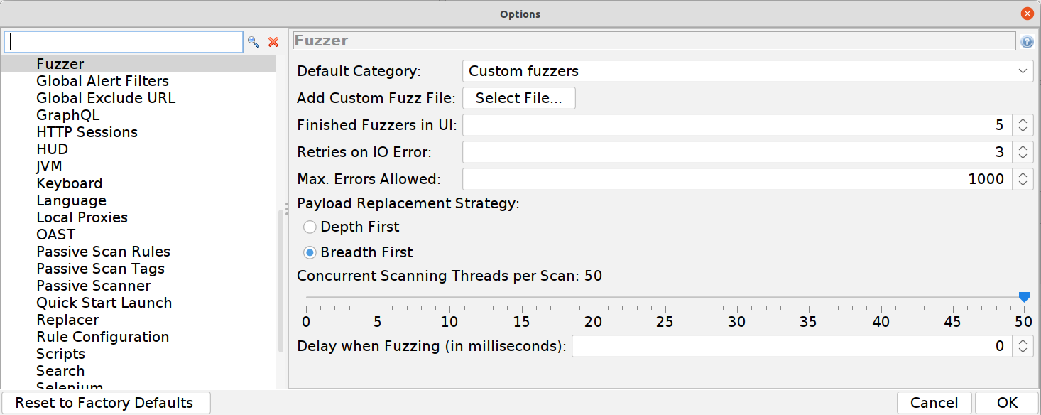 ZAP configuration - fuzzer settings