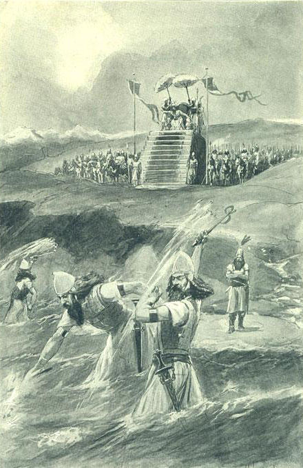 An artist&rsquo;s illustration depicting Xerxes&rsquo; alleged &ldquo;punishment&rdquo; of the Hellespont: Xerxes lash sea